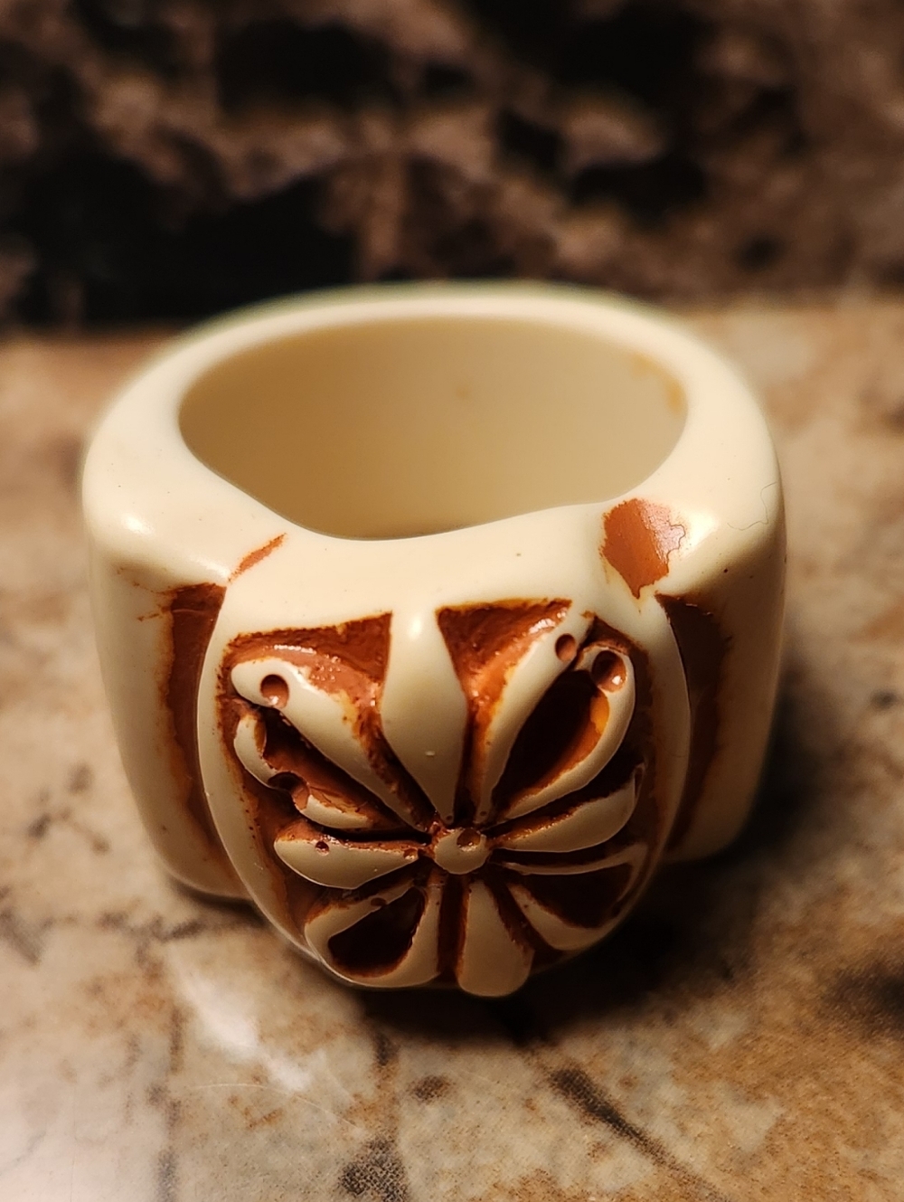 Monet Cream and Brown Floral Carved Statement Vintage Ring